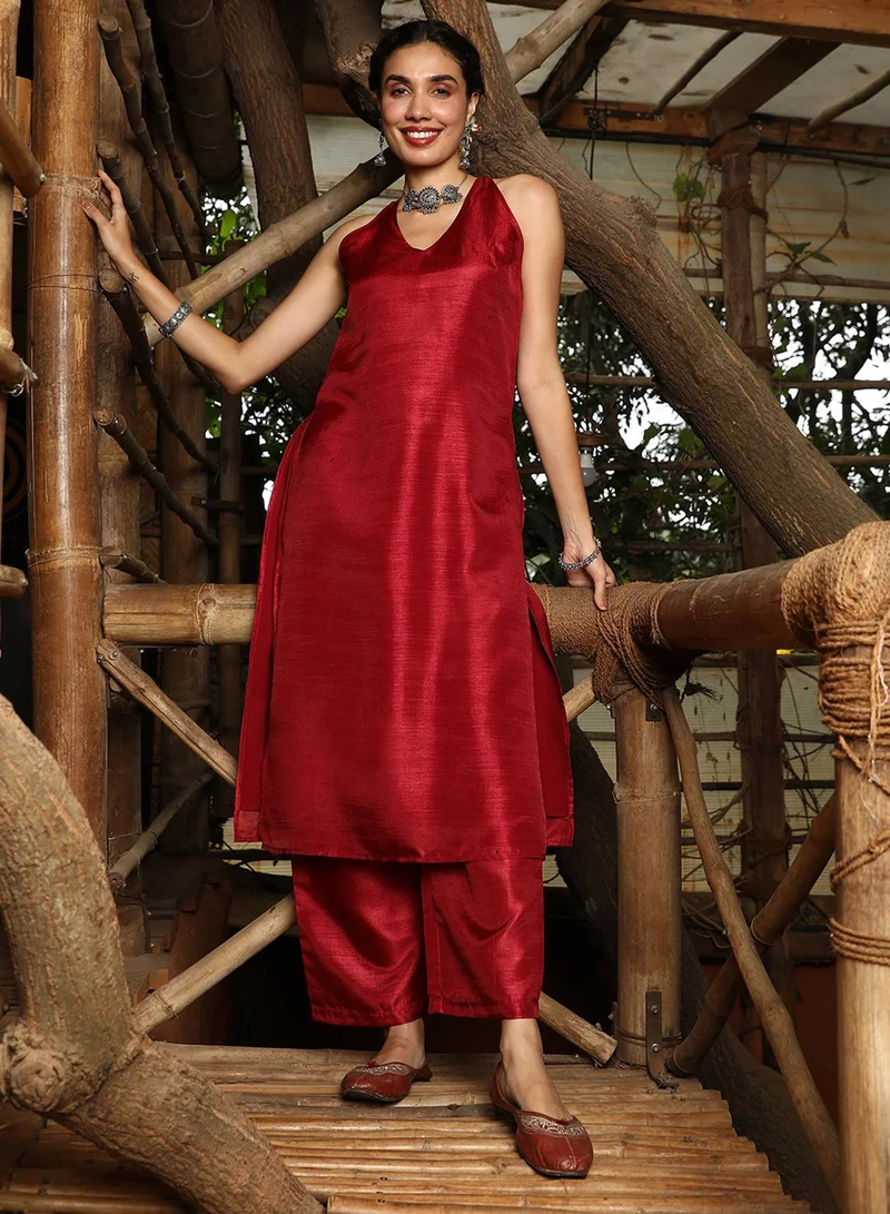 QISSA Women's Vermillion Red Contrast Lustre Kurta Set For Casual Wear | Halter Neck | Sleeveless | 3 Piece Kurta Set Designed With Comfort Fit For Everyday Ethnic Wear